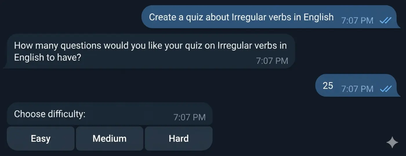 Quizzy AI Telegram screenshot showing file upload and topic input for quiz creation