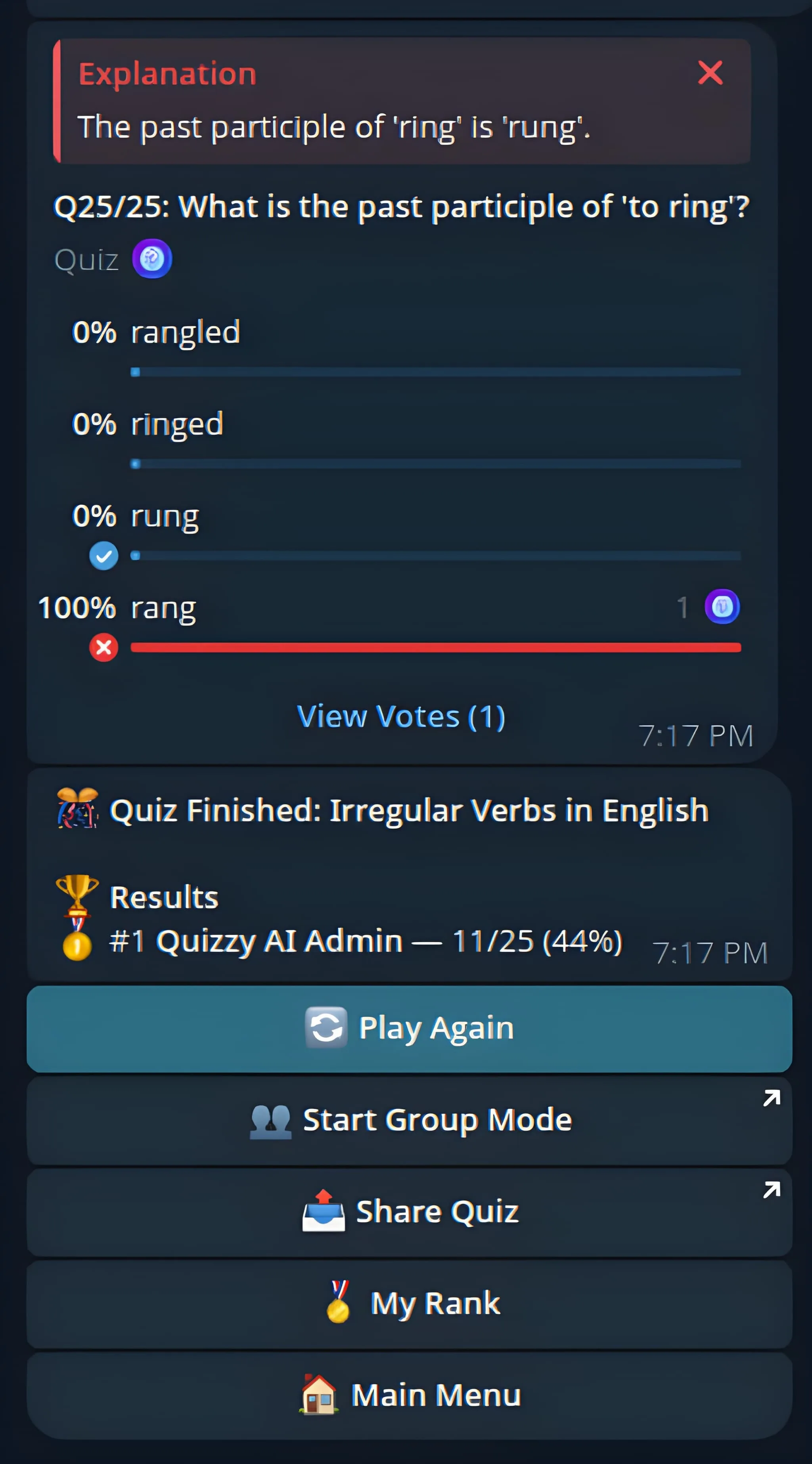 Quizzy AI Telegram screenshot showing quiz results, leaderboard, and channel broadcast options